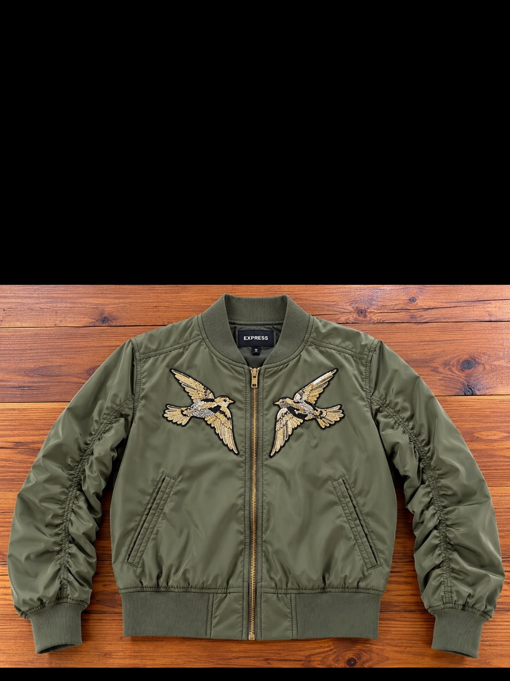 Express Olive Green Embroidered Bird Bomber Jacket – Women’s Medium